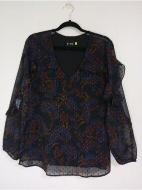 Lysse Womens Paisley Sheer Long Sleeve V-Neck Blouse Black Multicolor Size M